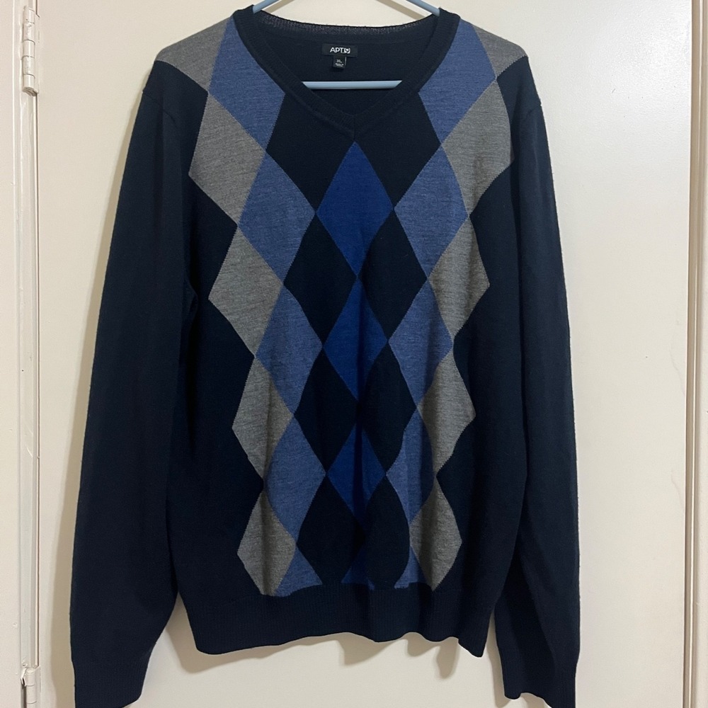 Mens Argyle Sweater XLarge Merino Wool Blend Navy Blue Preppy Golf Classic Smart